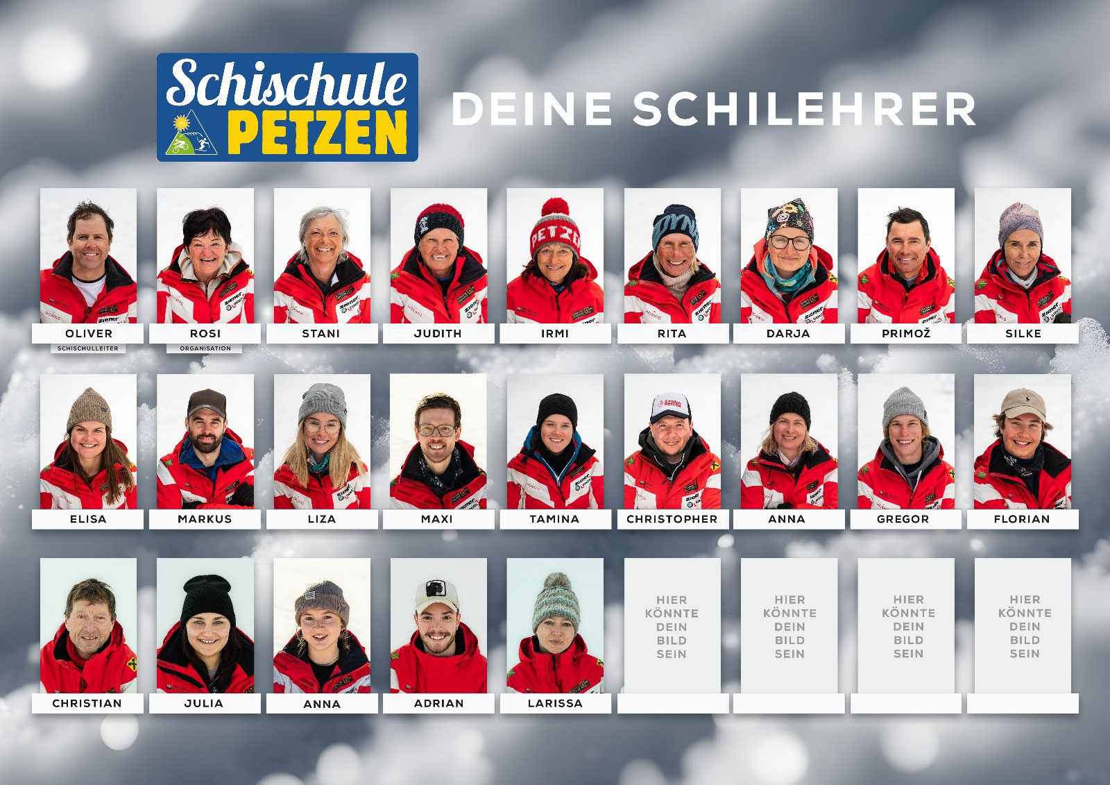 Das Team der Schischule Petzen — Schilehrer:innen in roten Ziener-Jacken